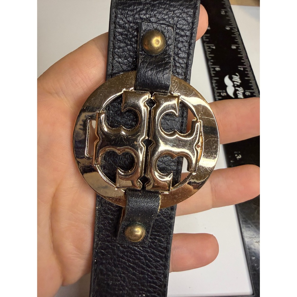 Tory Burch Black Pebbled Leather Logo Cuff Bracelet Gold Tone Medallion Snaps